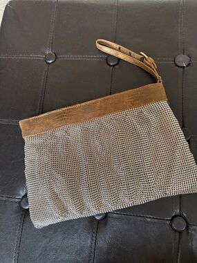 Sondra Roberts Vintage Mesh Wristlet Clutch with Brown Top Trim